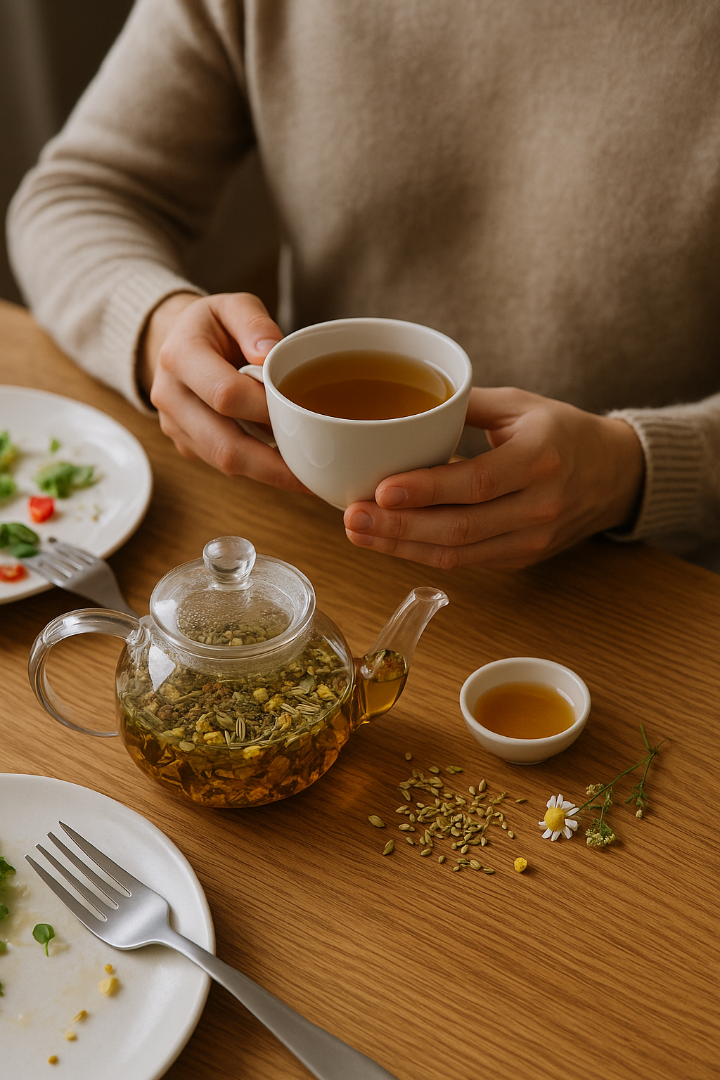 Persoon drinkt Buikrust kruidenthee aan tafel met theepot, honing en salade