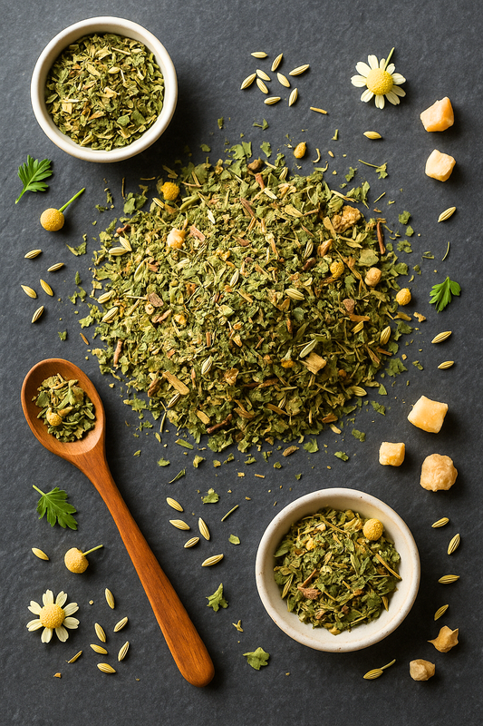 Buikrust kruidenthee flatlay: pepermunt, venkel en kamille met houten lepel