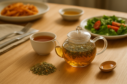 Sfeervol moment met Buikrust kruidenthee: theepot, kopje en salade na de maaltijd