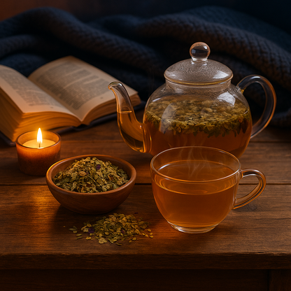 Sfeervolle avond met Zen Nights: theepot, kop dampende kruidenthee en kaars