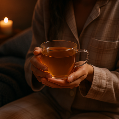 Ontspanmoment met Zen Nights: persoon in pyjama houdt warm glas kruidenthee”
