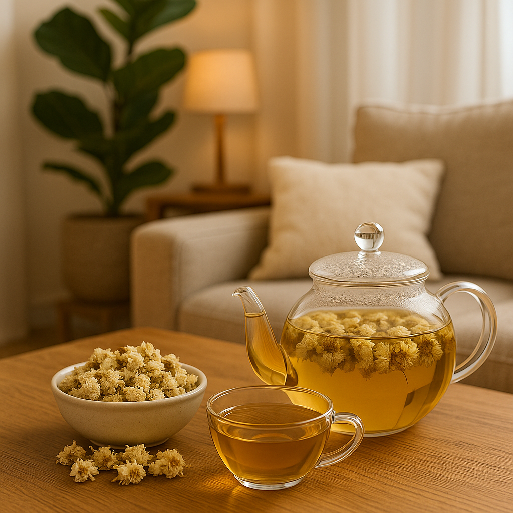 Chrysanten bloementhee sfeerfoto: glazen theepot met bloemen, kopje en kom in gezellige woonkamer