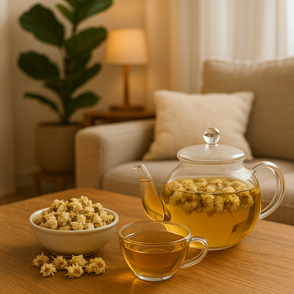Chrysanten bloementhee sfeerfoto: glazen theepot met bloemen, kopje en kom in gezellige woonkamer