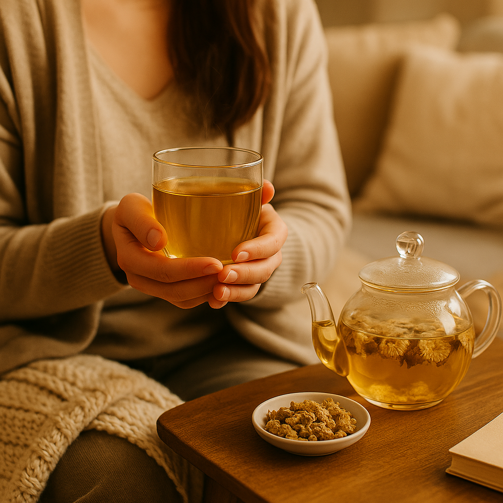 Persoon houdt glas chrysanten bloementhee; glazen theepot en bloemen op tafel