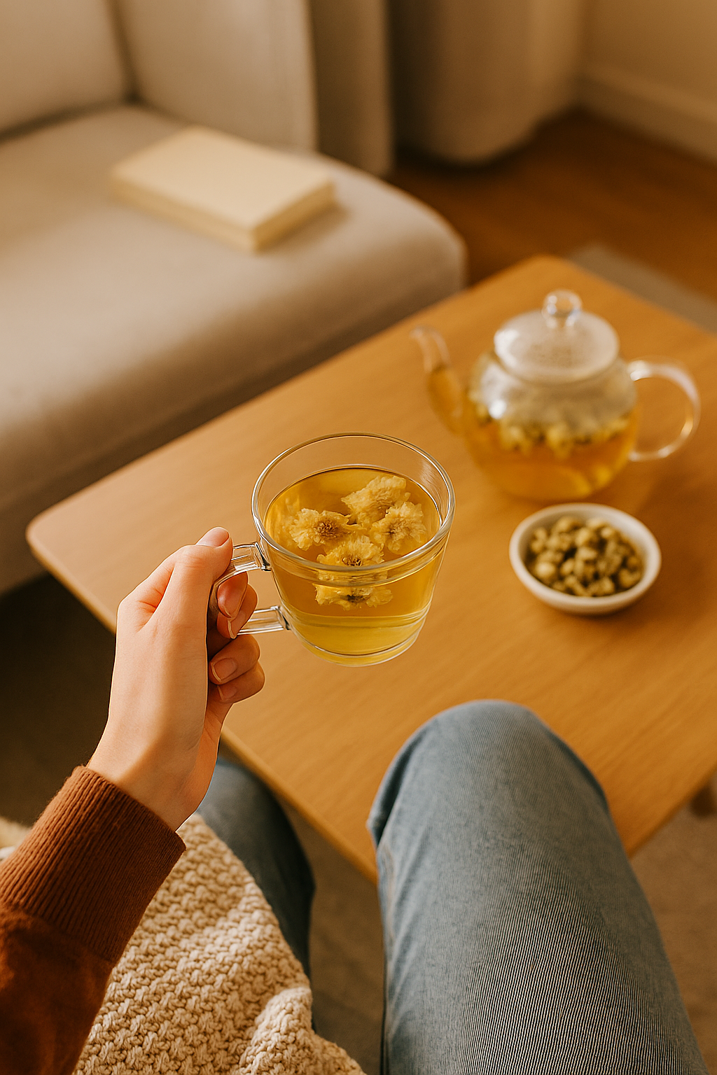 Hand houdt glas chrysantenbloesemthee; theepot en schaaltje bloemen op salontafel