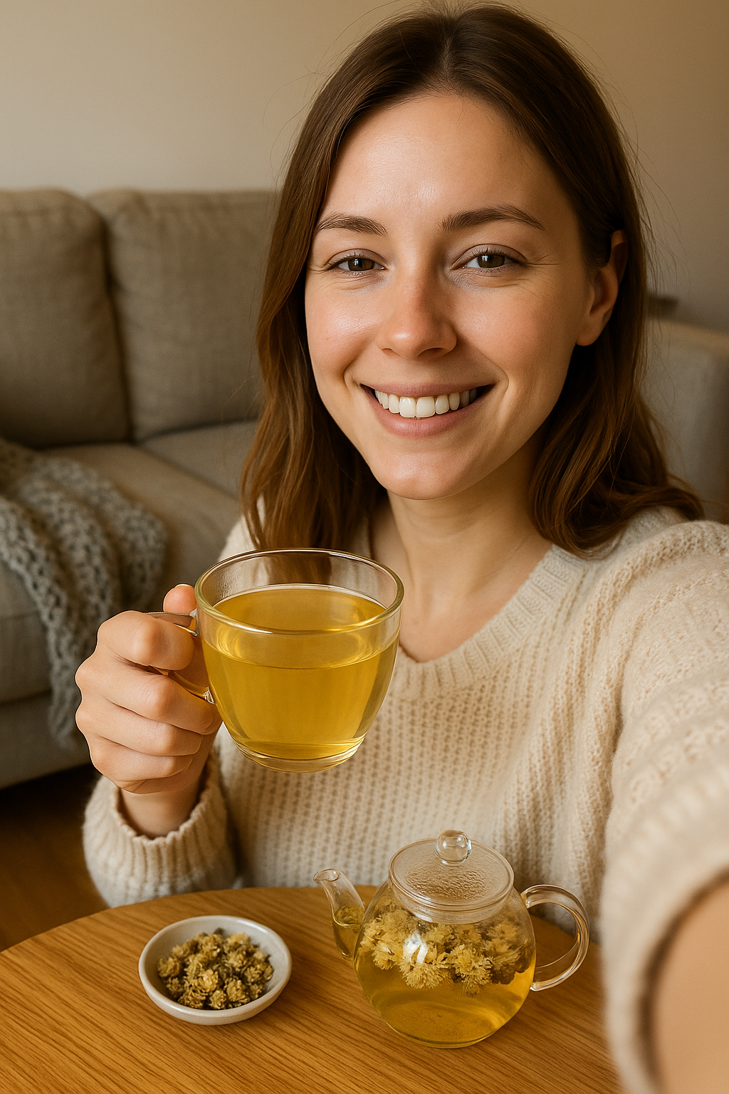 Vrouw maakt selfie met glas chrysanten bloementhee; theepot en kom met bloemen