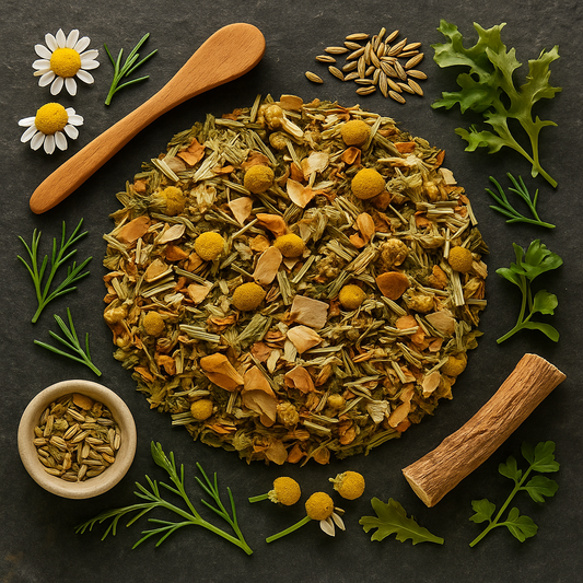 Slank & Fit kruidenthee flatlay: kamille, venkel en zoethout