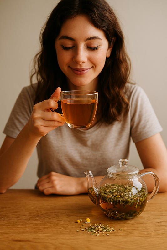 Vrouw geniet van Buikrust kruidenthee: glas en theepot met kruiden op tafel