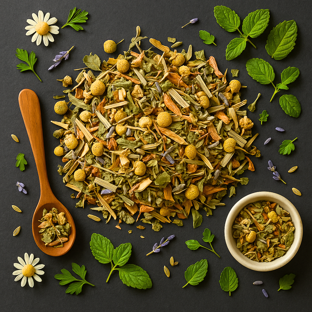 Zen & Kalm kruidenthee flatlay met kamille, lavendel, munt en houten lepel”