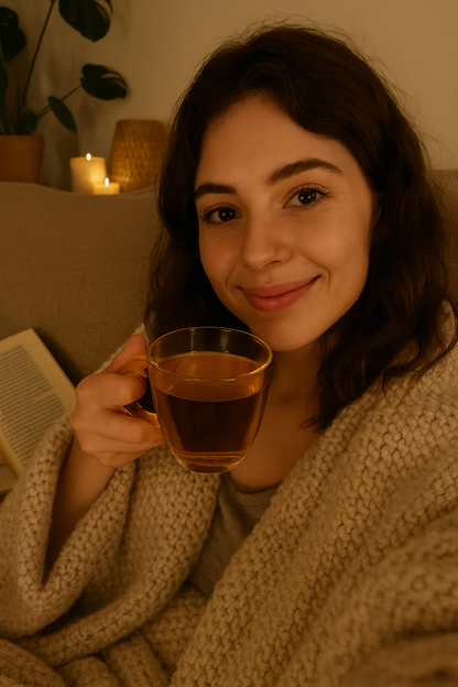 Vrouw in plaid geniet van Zen & Kalm kruidenthee met glas en boek