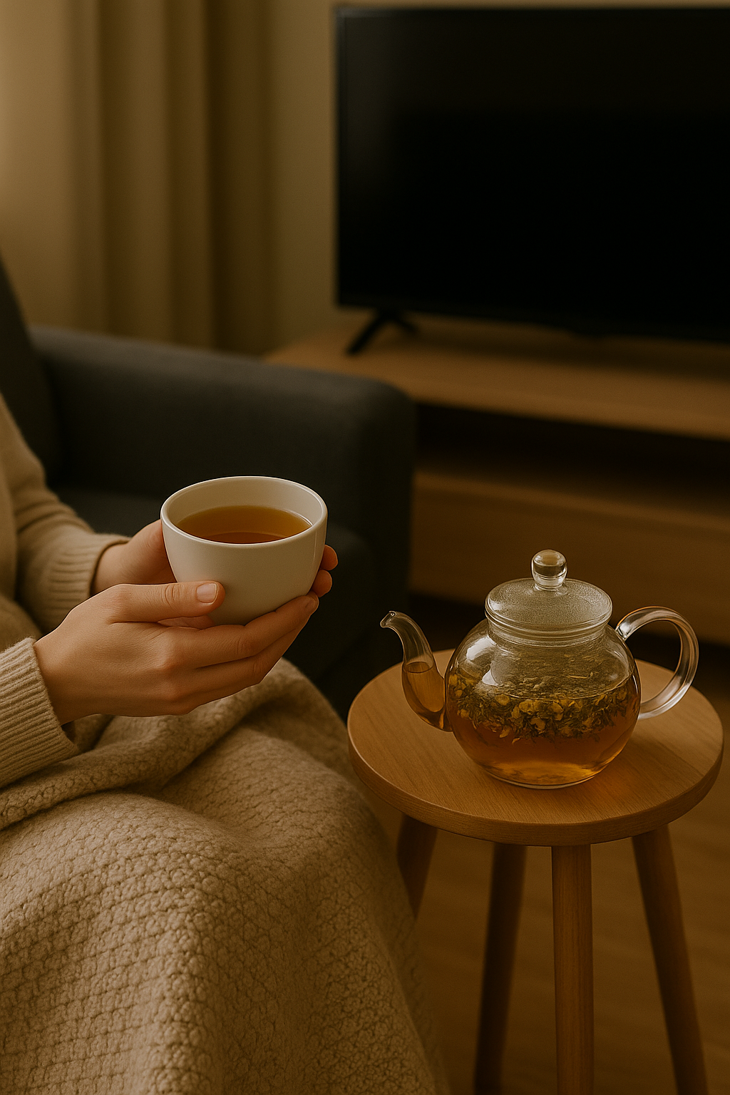 Zen & Kalm kruidenthee: iemand in plaid met mok en glazen theepot op tafeltje”