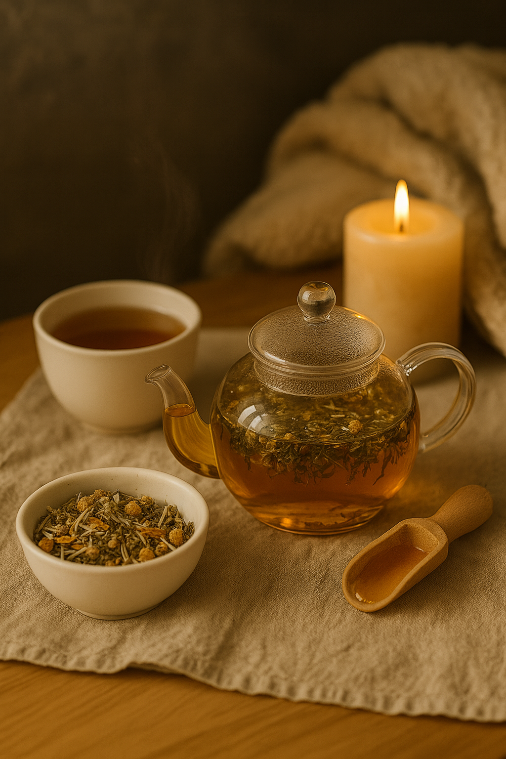 Sfeervol Zen & Kalm moment met theepot, mok, schaal kruiden en brandende kaars