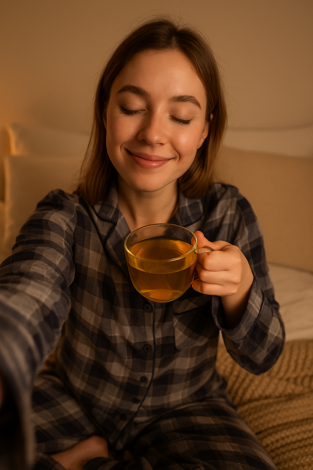 Ontspanmoment met Zen Nights: persoon in pyjama houdt warm glas kruidenthee”
