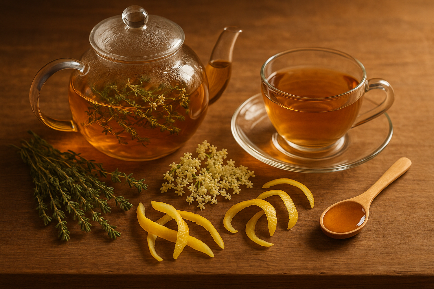 Kan je kruidenthee afbeelding maken met de volgende ingrediënten die infuseren in een glazen theepot , met een kopje en ook de kruiden naast het kopje. Dit zijn de kruiden: ¾ tl tijm
¾ tl vlierbloesem
Schil van ¼ citroen (biologisch, zonder wit)
1 tl honing (na trekken toevoegen)